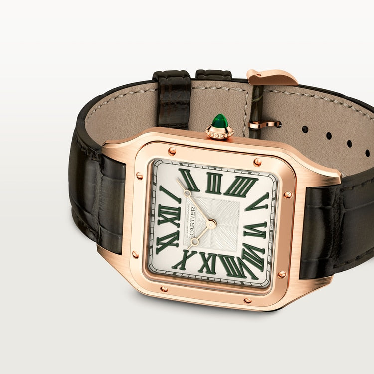 Santos-Dumont XL 46.6mm x 33.9mm Rose Gold Green Jade Guilloché Dial Green Alligator Strap Manual-Winding Watch