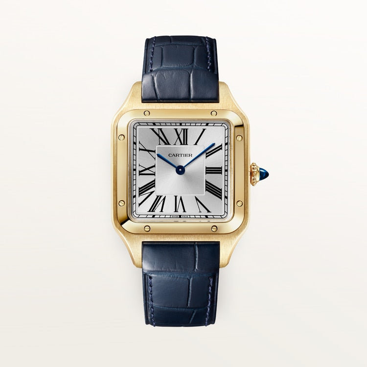 Santos-Dumont Large 43.5mm x 31.4mm Yellow Gold Blue Crown Silvered Satin-Finish Dial Navy Blue Alligator Leather Strap Manual-Winding Watch