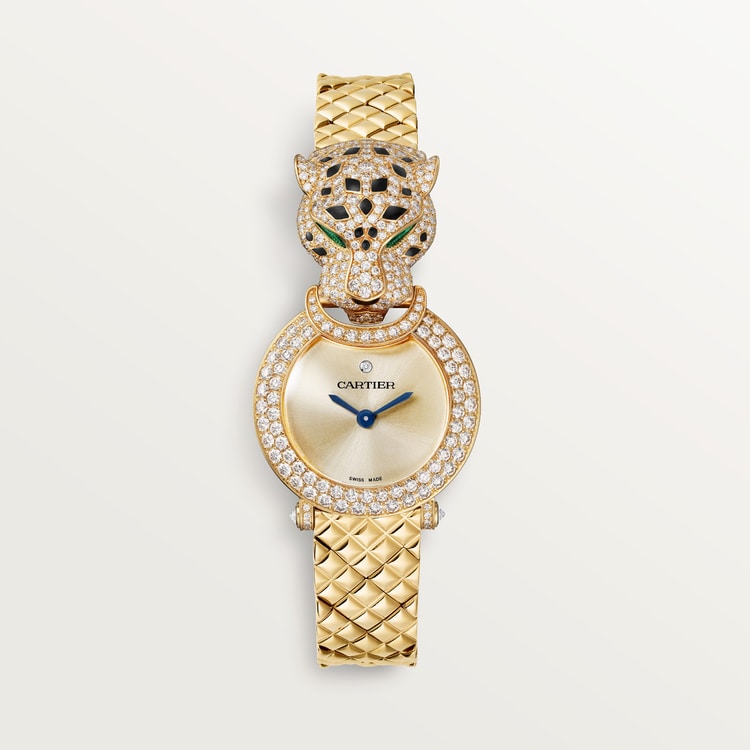 Panthère Mini 23.6mm Yellow Gold Diamond Bezel Emerald Eyes Golden Dial Yellow Gold Bracelet Quartz Watch