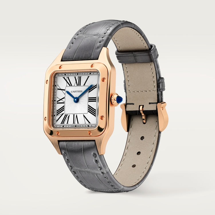 Santos-Dumont Small 38mm x 27.5mm Rose Gold Blue Crown Silver Dial Gray Alligator Strap Quartz Watch
