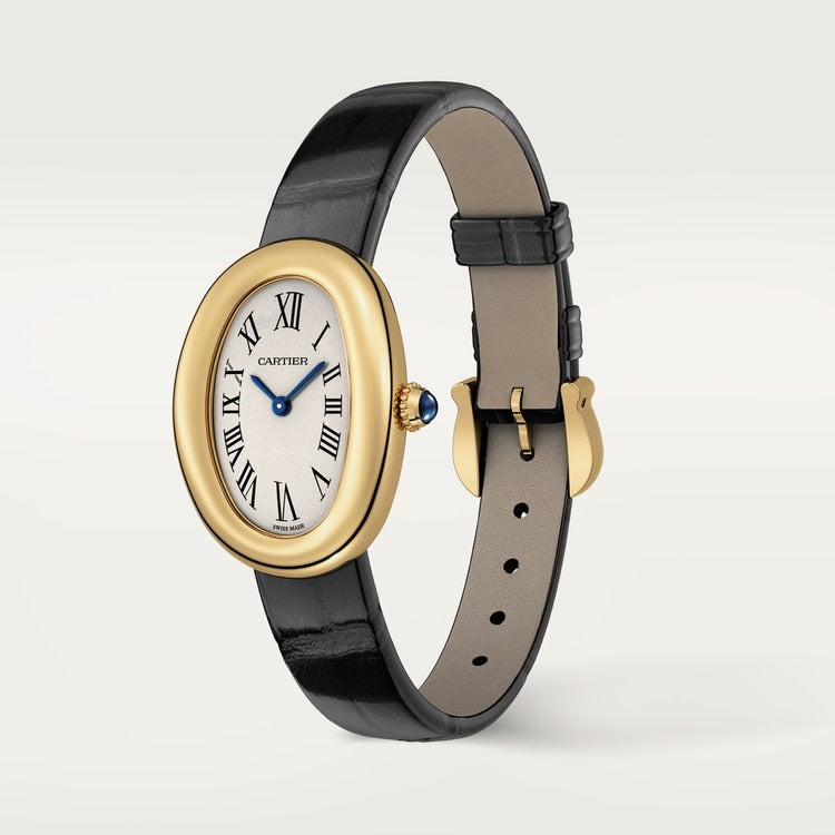 Baignoire Small 31mm x 23mm Yellow Gold Beaded Crown Sapphire Cabochon Silvered Dial Black Alligator Strap Quartz Watch
