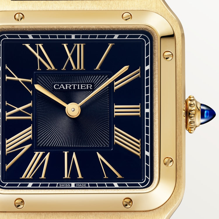 Santos-Dumont Large 43.5mm x 31.4mm Yellow Gold Blue Satin-Brushed Dial Alligator Strap Quartz Watch