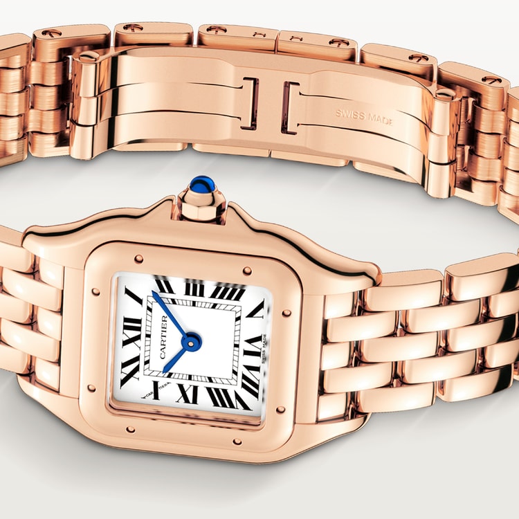 Panthère Small 23mm x 30mm Rose Gold Blue Crown Silvered Dial Rose Gold Bracelet Quartz Watch