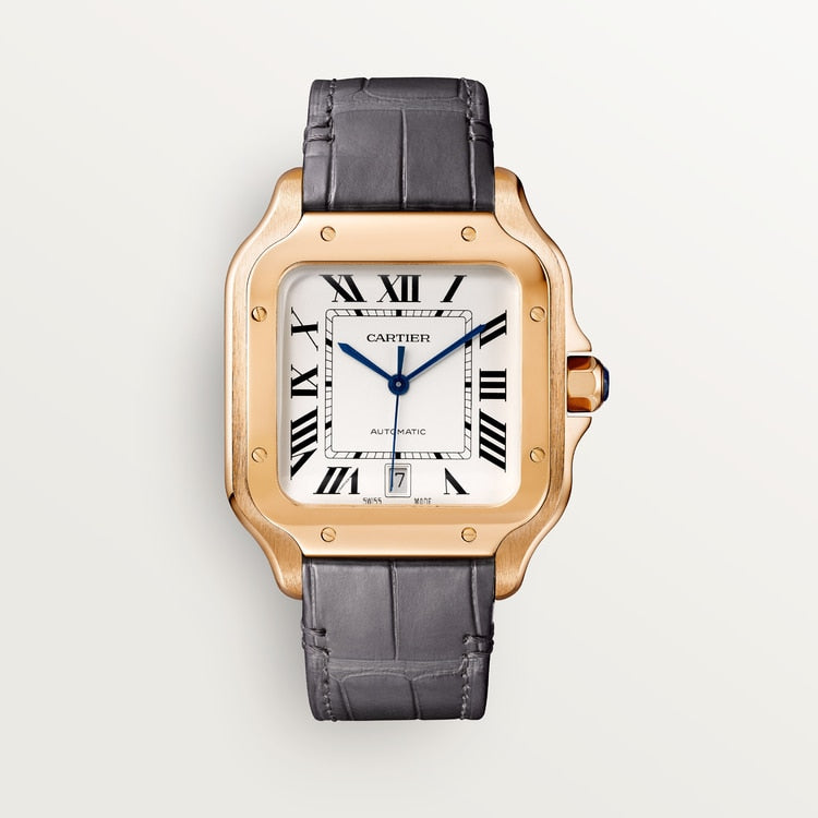 Santos-Dumont Large 43.5mm x 31.4mm Rose Gold Silvered Satin-Finish Dial Navy Blue Alligator Strap Manual-Winding Watch