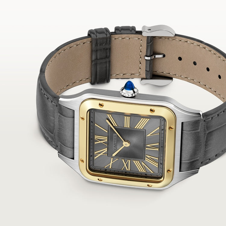 Santos-Dumont Large 43.5mm x 31.4mm Steel Yellow Gold Bezel Gray Dial Alligator Strap Quartz Watch