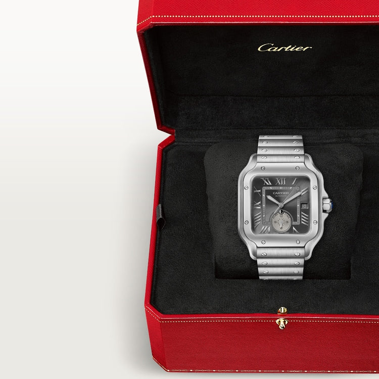 Santos de Cartier Dual Time Large 40.2mm Steel Blue Crown Anthracite Gray Dial Steel Bracelet Automatic Watch