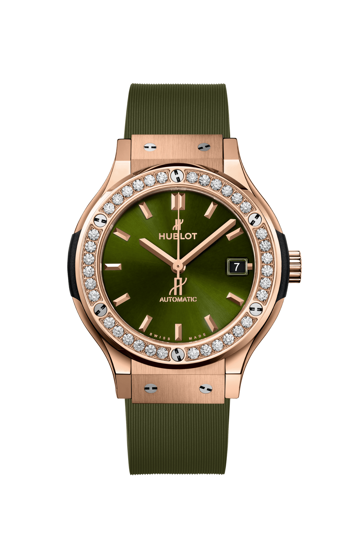 Classic Fusion 38 mm 18K King Gold Diamond Green Sunray Dial Rubber Strap Watch