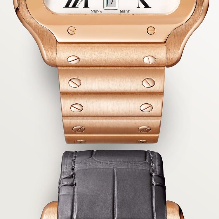 Santos-Dumont Large 43.5mm x 31.4mm Rose Gold Silvered Satin-Finish Dial Navy Blue Alligator Strap Manual-Winding Watch