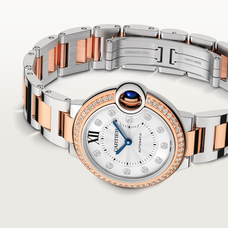 Ballon Bleu 33mm Steel Rose Gold Automatic Silver Guilloché Dial Two-Tone Bracelet Watch