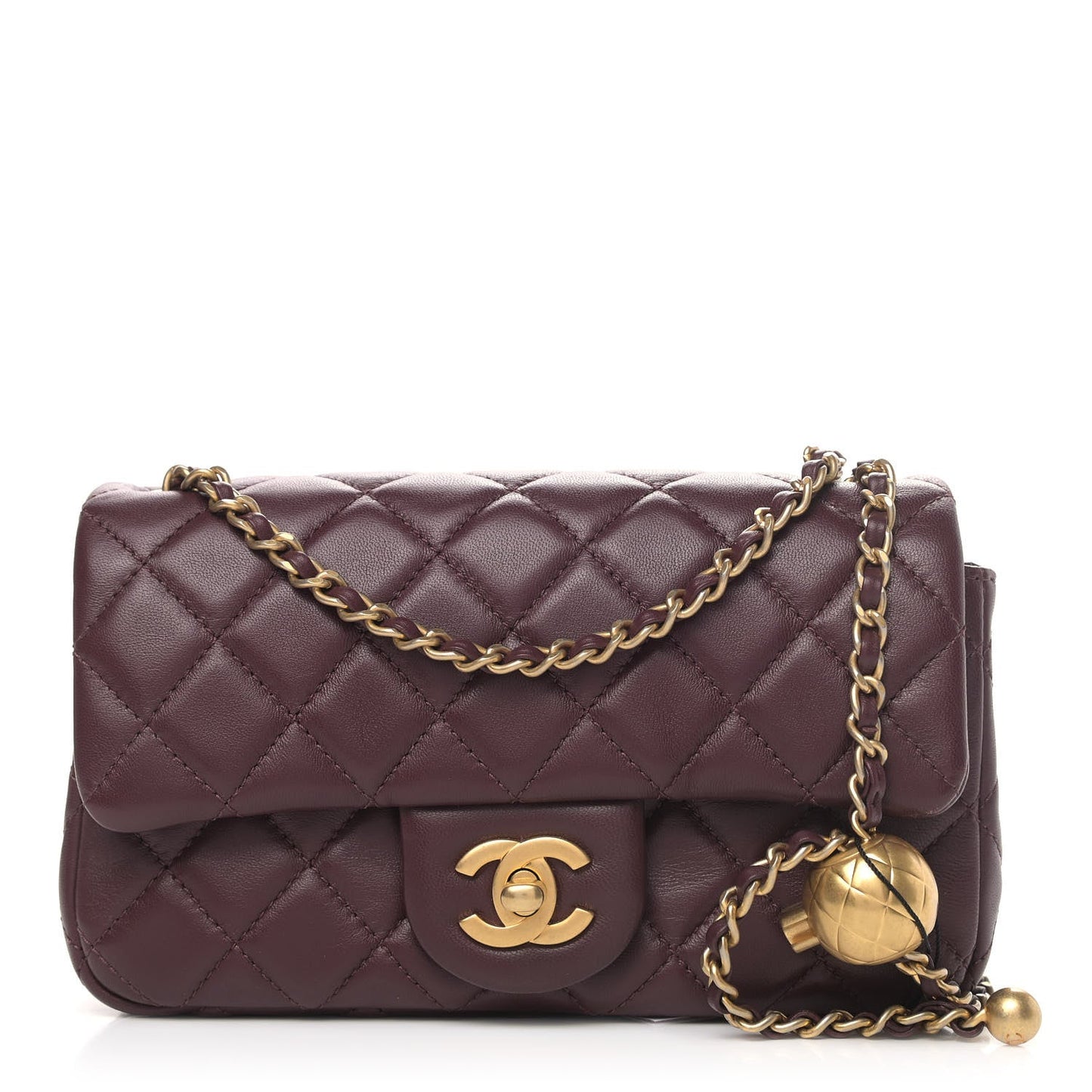 Lambskin Quilted Mini Rectangular Pearl Crush Flap Burgundy