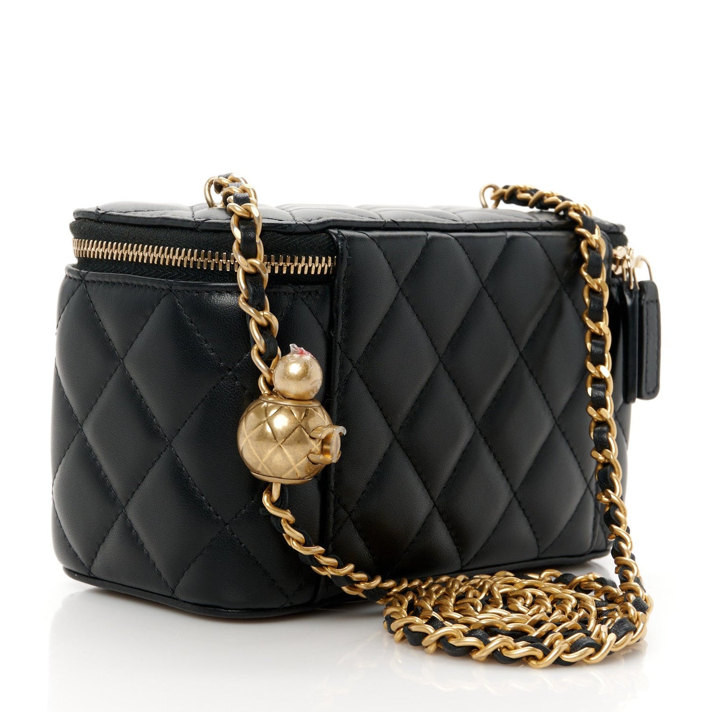 Lambskin Quilted Pearl Crush Small Vanity Case With Chain Black