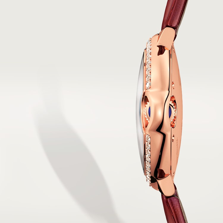 Ballon Bleu 33mm Rose Gold Diamond Case Silvered Sunray Dial Burgundy Alligator Strap Automatic Watch