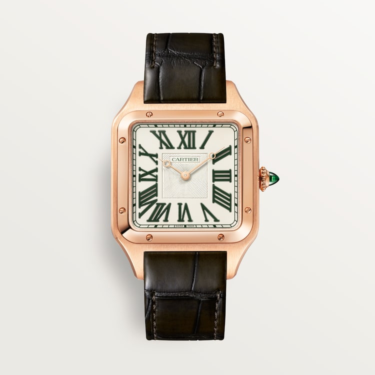 Santos-Dumont XL 46.6mm x 33.9mm Rose Gold Green Jade Guilloché Dial Green Alligator Strap Manual-Winding Watch
