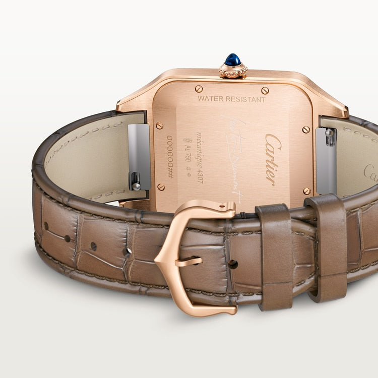 Santos-Dumont Extra-Large 46.6mm x 33.9mm Rose Gold Blue Crown Beige Dial Brown Alligator Strap Manual-Winding Watch