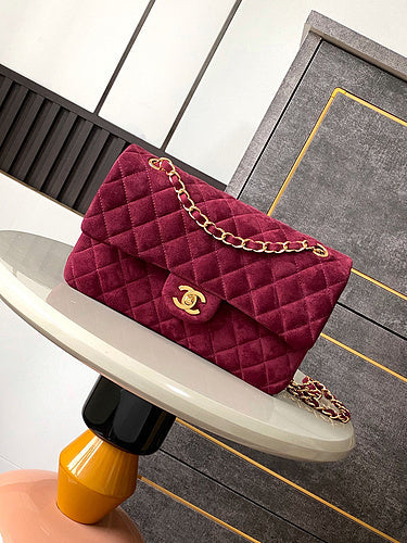 Velvet Quilted Flap Bag with Chain Strap