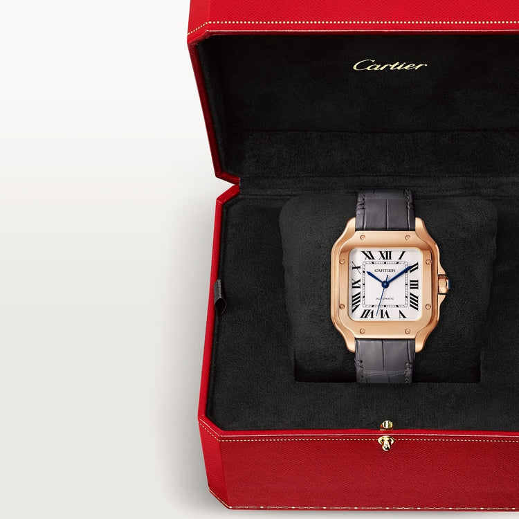Santos de Cartier Medium 35.1mm Rose Gold Blue Crown Opaline Silver Dial Alligator Leather Strap Automatic Watch