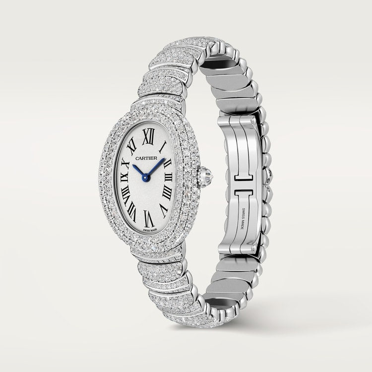 Baignoire Small 31.4mm x 23.1mm White Gold Diamond Case Diamond Crown Silvered Dial Quartz Watch