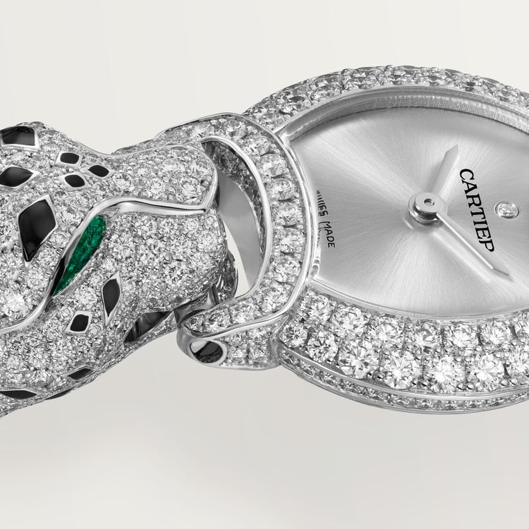 Panthère Mini 22.2mm White Gold Diamond Case Emerald Eyes Silvered Dial White Gold Bracelet Quartz Watch