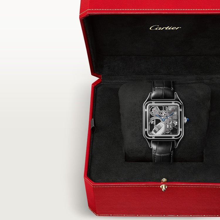 Santos-Dumont Large 43.5mm x 31.4mm Steel Blue Crown Skeleton Dial Black Alligator Leather Strap Automatic Watch