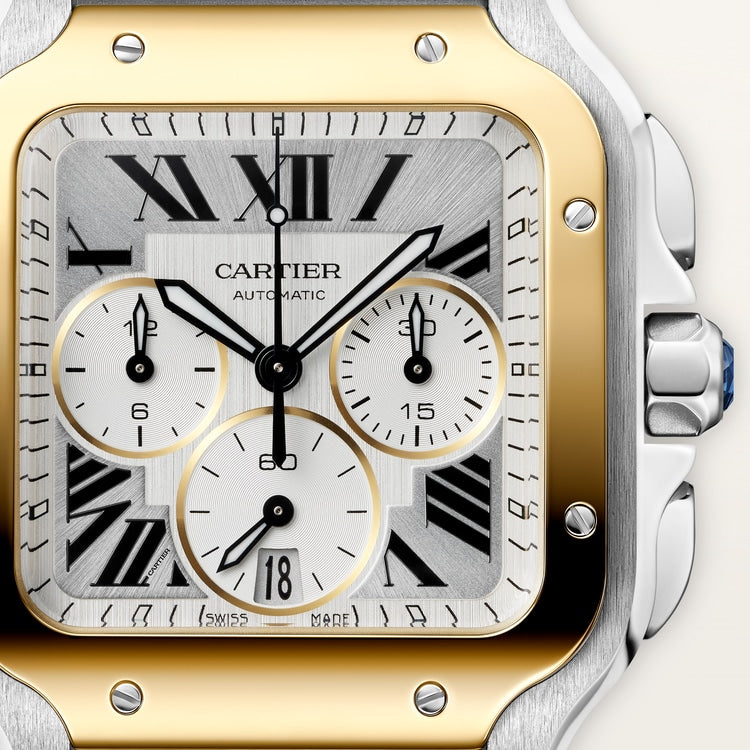 Santos de Cartier Large 47.5mm Steel Yellow Gold Chronograph Silvered Dial Steel Bracelet Self-Winding Watch