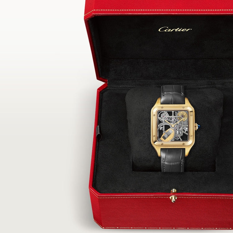 Santos-Dumont Large 43.5mm x 31.4mm Yellow Gold Skeleton Dial Alligator Strap Self-Winding Watch