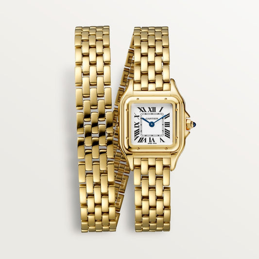 ساعة Panthère de Cartier، مقاس صغير 22 مم × 30.3 مم، ذهب أصفر، تاج أزرق، ميناء فضي، سوار من الذهب الأصفر، حركة كوارتز