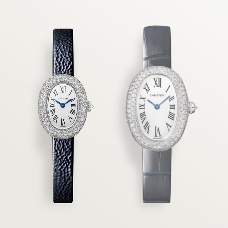 Baignoire Mini 24.6mm x 18.7mm White Gold Diamond Case Diamond Crown Silvered Dial Navy Blue Patent Leather Strap Quartz Watch
