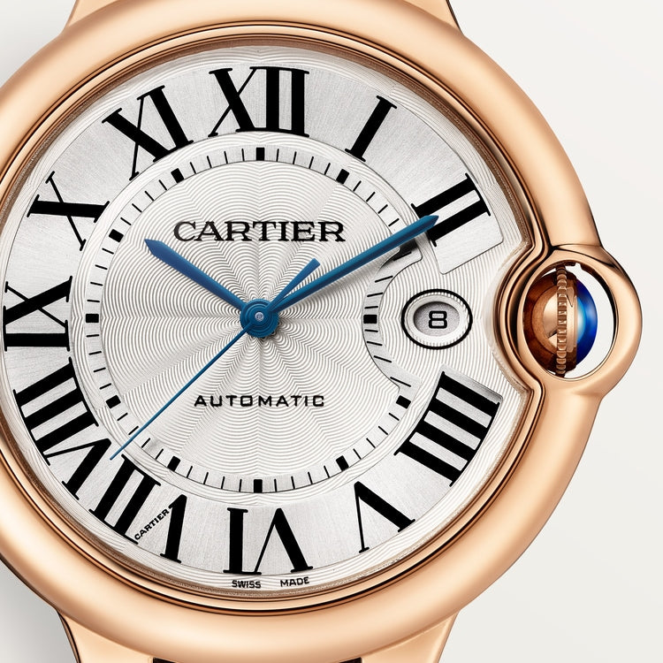 Ballon Bleu 42mm Rose Gold Automatic Silver Guilloché Dial Alligator Strap Watch