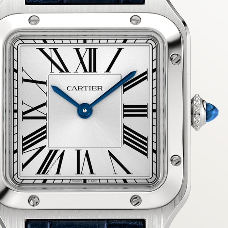Santos-Dumont Small 38mm x 27.5mm Steel Blue Crown Silver Sunray Dial Navy Blue Alligator Strap Quartz Watch