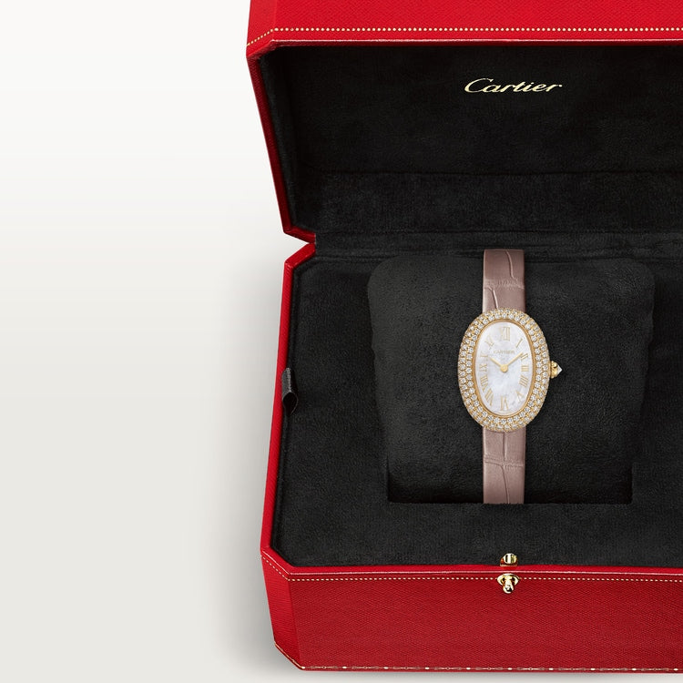 Baignoire Small 31.4mm x 23.1mm Yellow Gold Diamond Case Diamond Crown Mother-of-Pearl Dial Beige Alligator Strap Quartz Watch