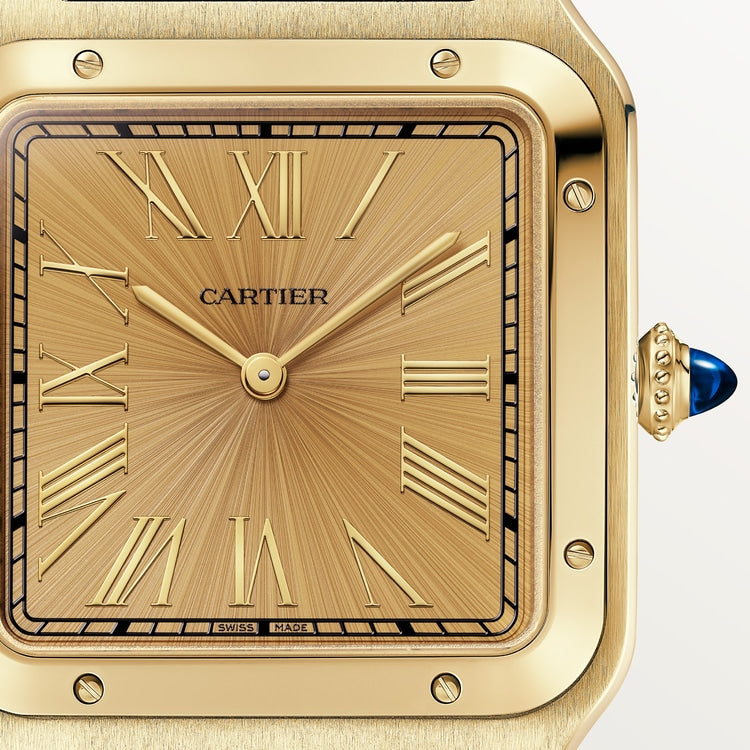 Santos-Dumont Extra-Large 46.6mm x 33.9mm Yellow Gold Wood-Inspired Golden Dial Brown Alligator Strap Self-Winding Watch
