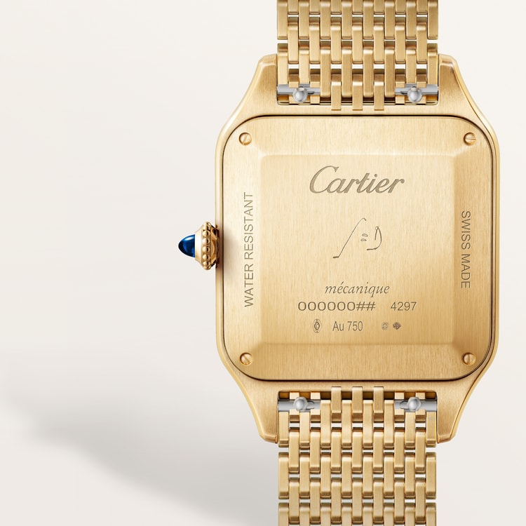 Santos-Dumont Large 43.5mm x 31.4mm Yellow Gold Silvered Satin-Finish Dial Alligator Strap Manual-Winding Watch