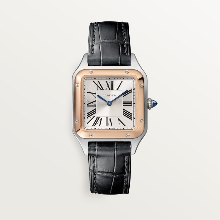 Santos-Dumont Small 38mm x 27.5mm Steel Rose Gold Blue Crown Silver Sunray Dial Black Alligator Leather Strap Quartz Watch