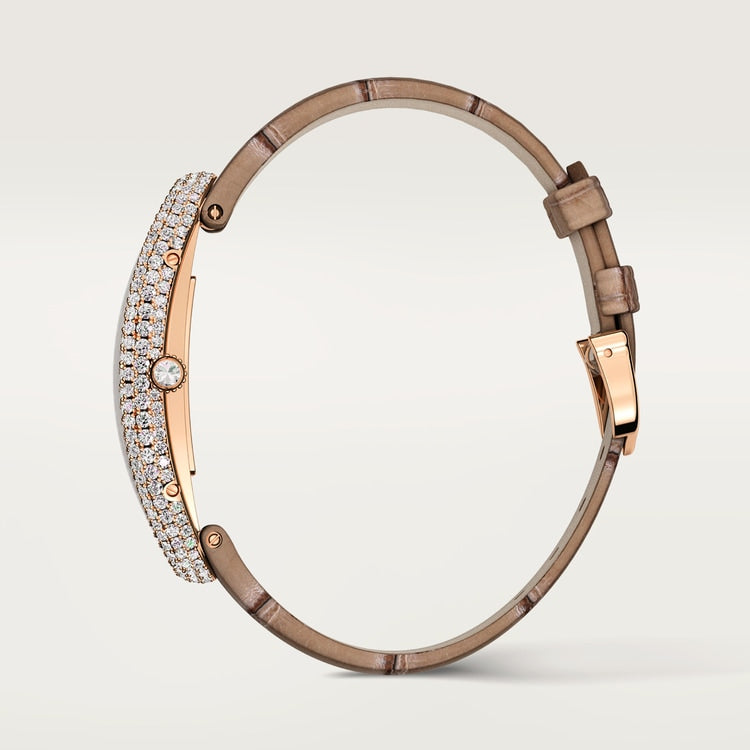 Baignoire Allongée Medium 47mm x 21mm Rose Gold Diamond Case Diamond Crown Silvered Dial Taupe Alligator Strap Manual Wind Watch