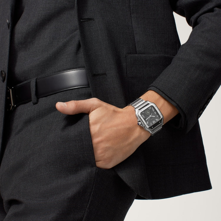 Santos de Cartier Dual Time Large 40.2mm Steel Blue Crown Anthracite Gray Dial Steel Bracelet Automatic Watch