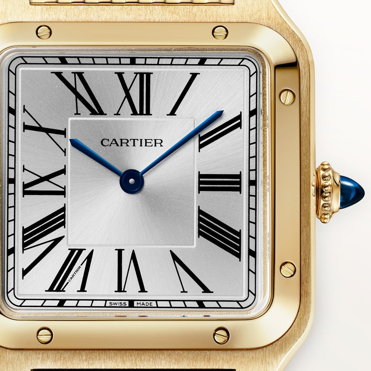 Santos-Dumont Large 43.5mm x 31.4mm Yellow Gold Silvered Satin-Finish Dial Alligator Strap Manual-Winding Watch