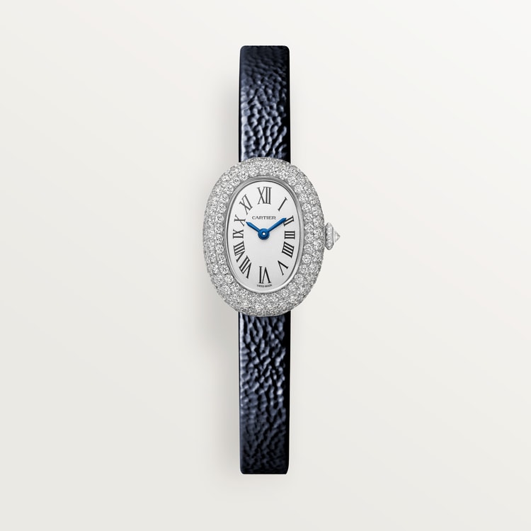 Baignoire Mini 24.6mm x 18.7mm White Gold Diamond Case Diamond Crown Silvered Dial Navy Blue Patent Leather Strap Quartz Watch