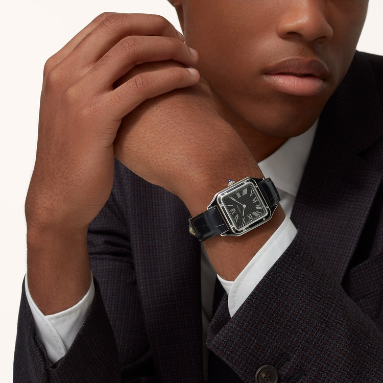 Santos-Dumont Large 43.5mm x 31.4mm Steel Black Lacquer Black Dial Black Alligator Strap Manual-Winding Watch