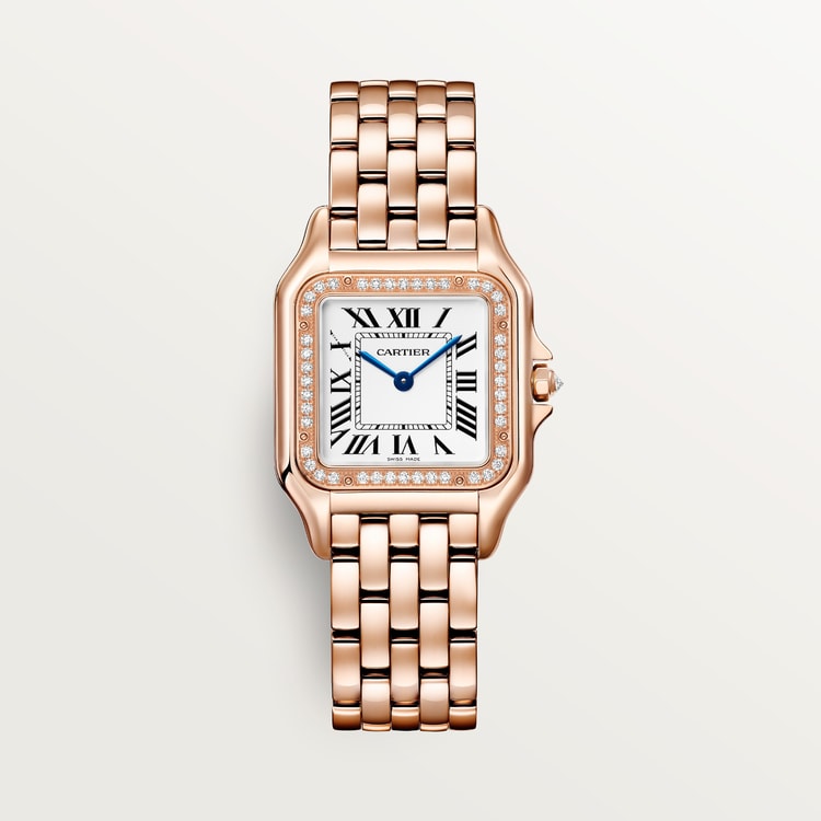 Panthère Medium 36.5mm x 26.7mm Rose Gold Diamond Crown Silver Dial Rose Gold Bracelet Quartz Watch