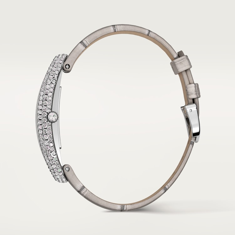 Baignoire Allongée Medium 47mm x 21mm White Gold Diamond Beaded Crown Silvered Dial Gray Alligator Strap Watch