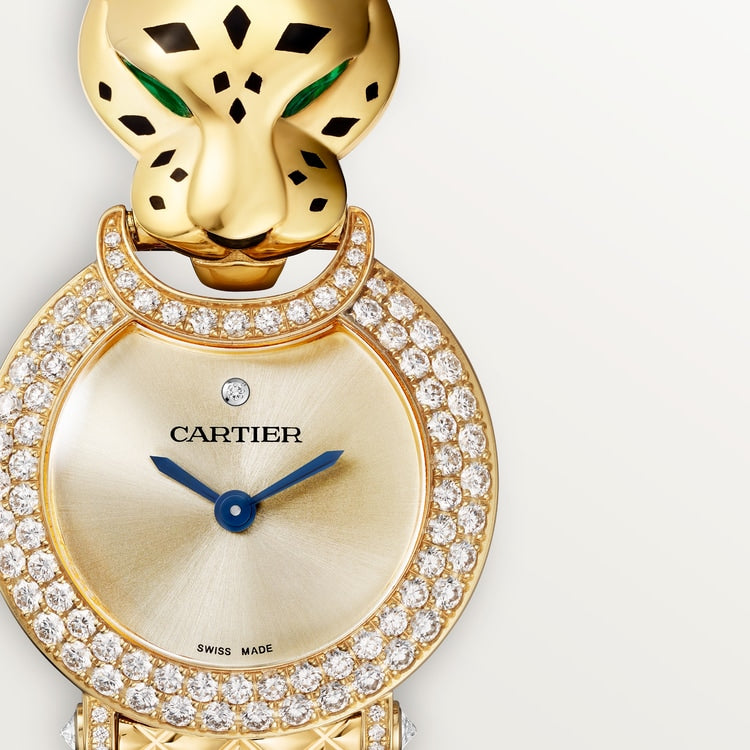 Panthère Small 23.6mm Yellow Gold Diamond Bezel Tsavorite Eyes Golden Dial Yellow Gold Bracelet Quartz Watch
