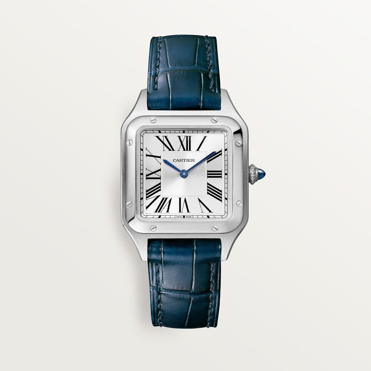 Santos-Dumont Small 38mm x 27.5mm Steel Blue Crown Silver Sunray Dial Navy Blue Alligator Strap Quartz Watch