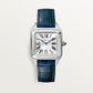 Santos-Dumont Large 43.5mm x 31.4mm Steel Blue Crown Silver Sunray Dial Navy Blue Alligator Leather Strap Quartz Watch