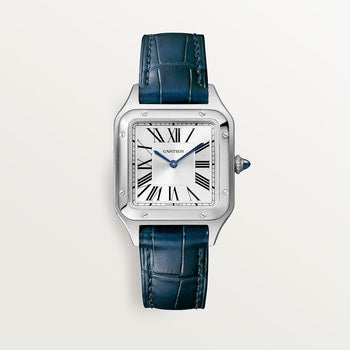 Santos-Dumont Large 43.5mm x 31.4mm Steel Blue Crown Silver Sunray Dial Navy Blue Alligator Leather Strap Quartz Watch