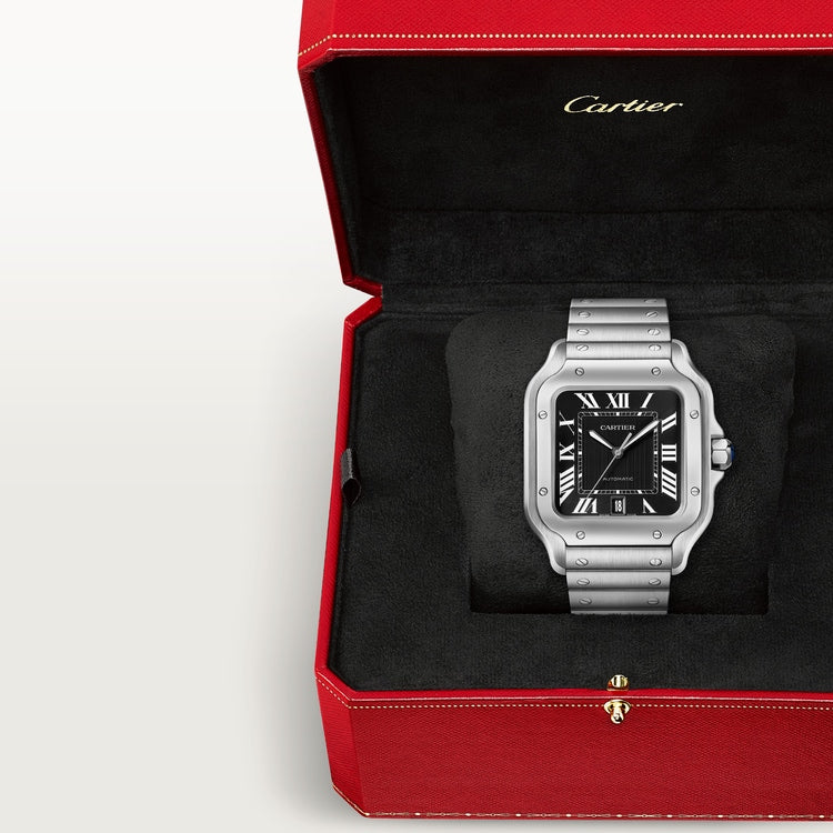 Santos de Cartier Large 39.8mm Steel Blue Crown Black Dial Steel Bracelet Self-Winding Watch