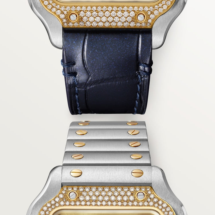 Santos de Cartier Medium 35.1mm Steel Yellow Gold Diamond Bezel Blue Crown Golden Sunray Dial Steel Bracelet Automatic Watch