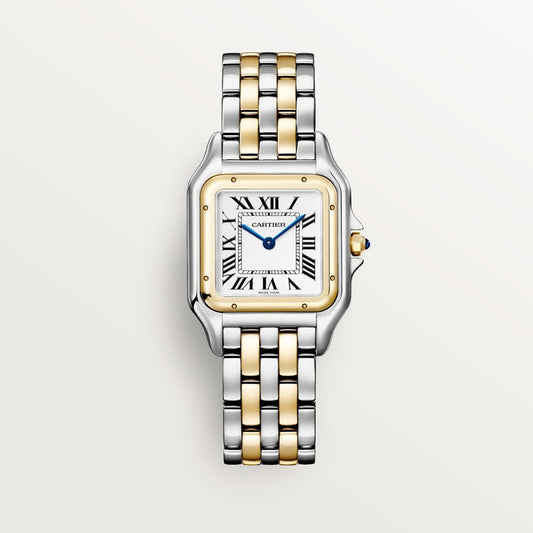ساعة Panthère de Cartier متوسطة الحجم 29 مم × 37 مم، مصنوعة من الذهب الأصفر والفولاذ، تاج أزرق، ميناء فضي، سوار من الذهب الأصفر والفولاذ، حركة كوارتز