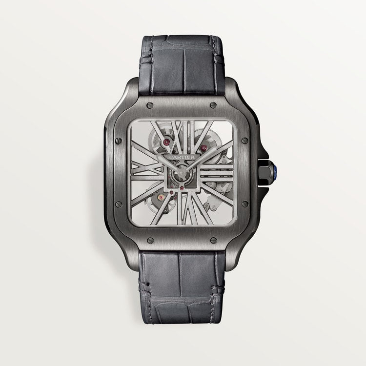 Santos de Cartier Large 39.7mm Steel Blue Crown Skeleton Dial Alligator Strap Manual-Winding Watch