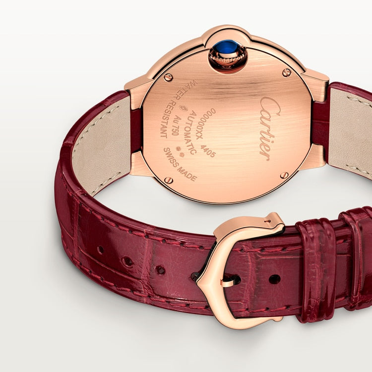 Ballon Bleu 33mm Rose Gold Diamond Case Silver Guilloché Dial Alligator Strap Automatic Watch