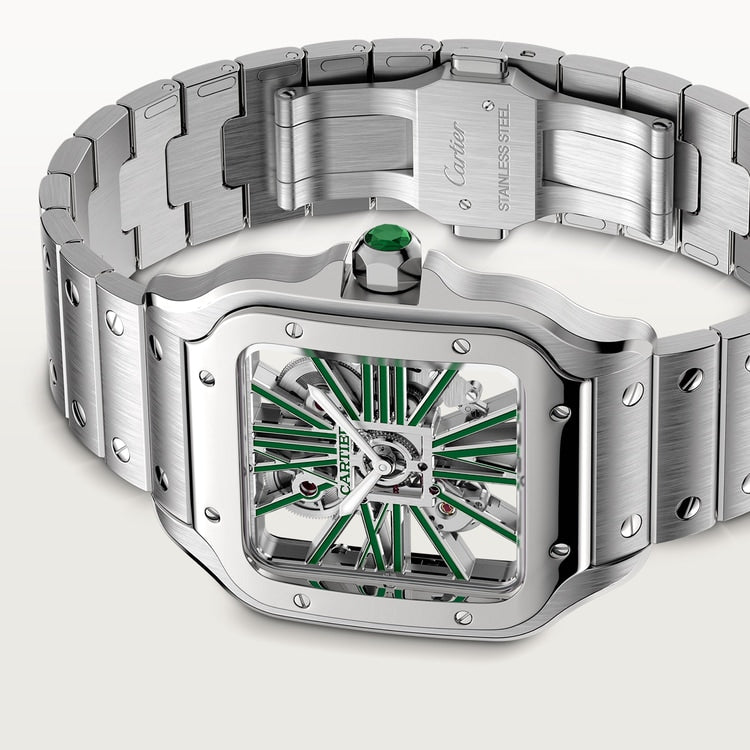 Santos de Cartier Skeleton Large 39.8mm Steel Green Jasper Crown Skeleton Dial Steel Bracelet Manual-Winding Watch